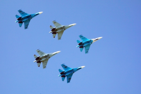 Tambov, Russian Federation - June 1, 2013: Traditional air show in Tambov. Five jet fighter...