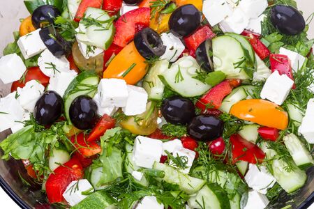 Vegetable salad with black olives and mozzarellaの写真素材