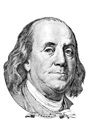 Portrait of Benjamin Franklin in front of the one hundred dollar billのeditorial素材