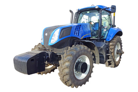 A powerful new blue tractor  Isolated on white background                        