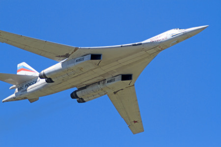 Tambov, Russia - May 31, 2014   Traditional air show in Tambov  Tu-160  NATO reporting name Blackjack  - supersonic strategic bomber with variable sweep wing   Sunny summer dayのeditorial素材