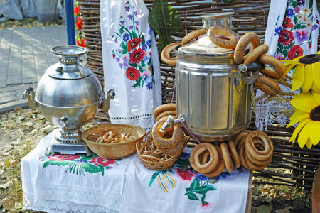 Russian samovar and bagels in the outdoors. Tea ceremonyの写真素材