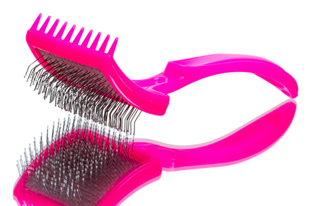 Pink plastic brush for animals on a white .の写真素材