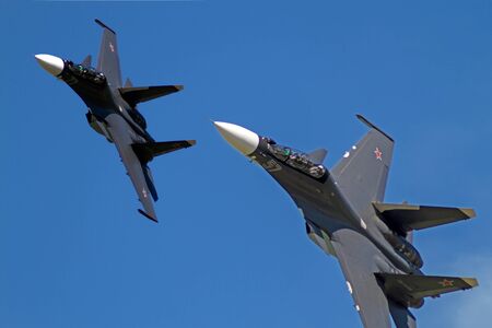 Tambov, Russia - May 31, 2014: Traditional air show in Tambov. Su-30SM (NATO reporting name: Flanker-C) - a Soviet / Russian double multi-role fighter of the 4. The first production aircraft in the world, which has super-maneuverability. Imitation of air のeditorial素材