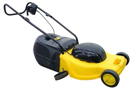 Lawnmower with a broken wheel isolated on a white backgroundの写真素材