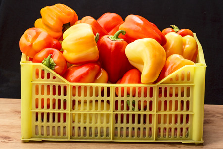 Heap of ripe sweet pepper in a yellow plastic boxの写真素材