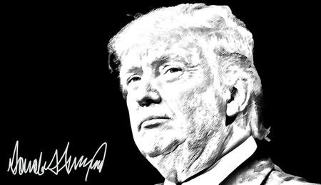 Tambov, Russia -  July 30, 2017:  Donald John TrumpÂ  is theÂ 45thÂ and currentÂ President of the United States, in office since January 20, 2017. Before entering politics, he was a businessman and television personality. Black and white portrait and autoのeditorial素材