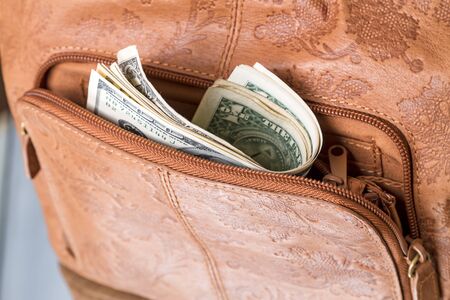 US Dollars in the pocket of a women's bag