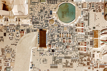 Negative of the motherboard monoblock computer. Technological background