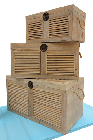 Three wooden chests isolated on white backgroundの写真素材