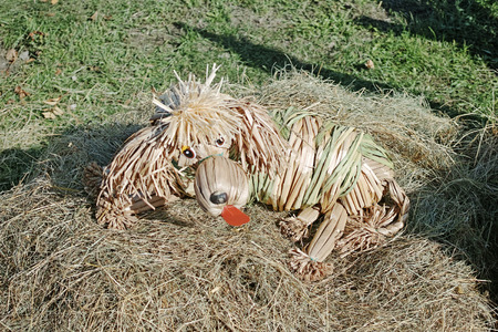 Cute wicker dog in the hay on a sunny dayの写真素材