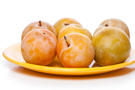 Yellow ripe plum on a dress. Isolated on white backgroundの写真素材