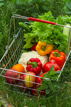 Shopping basket with fresh  vegetables and fruit outdoorsの写真素材