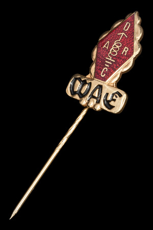 Golden badge of radio amateur diplom WAE - worked with all of Europe, isolated on black background