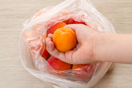 Child with apricot in hand and plastic bag with apricotsの写真素材