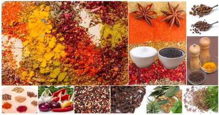 Collage of spices and seasonings on a white backgroundの写真素材