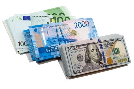 Bundles of money - euro, russian rubles and dollarsの写真素材