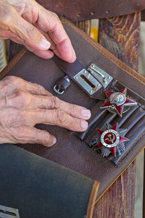 Order of the Great Patriotic War Ð¸ Red Star  on a military bagの写真素材