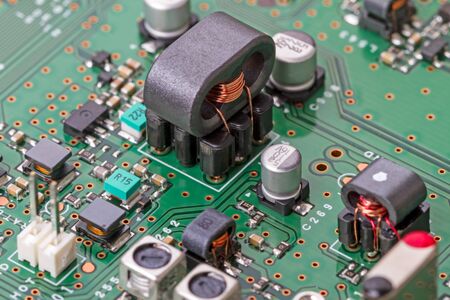 Circuit board transceiver with electronic components. Technological backgroundの写真素材