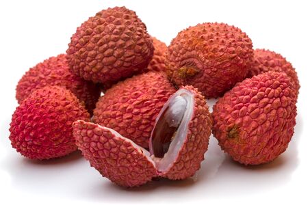 The lychee, litchi, liechee, liche, lizhi or li zhi, or lichee is the sole member of the genus Litchi in the soapberry family, Sapindaceae. The fresh fruit has a delicate, whitish pulp with a floral smell and a fragrant, sweet flavor.の写真素材