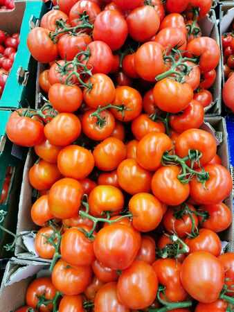 Red tomatoes in a box in the supermarket. Nature backgroundの写真素材