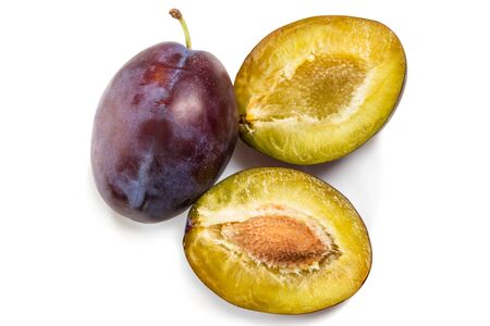 Two fresh plums  (black plum) on  a whiteの写真素材