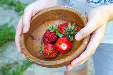 Boy with a wooden bowl and four ripe strawberriesの写真素材