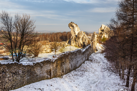 Hill of Ogrodzieniec castle in winter season. Polandの写真素材