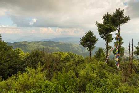 View of the mountains in Nagarkot.  Popular holiday resort, located at the very edge of the Kathmandu Valley. It offers a magnificent view of the entire valley,  the highest peaks of the Himalayas. の写真素材