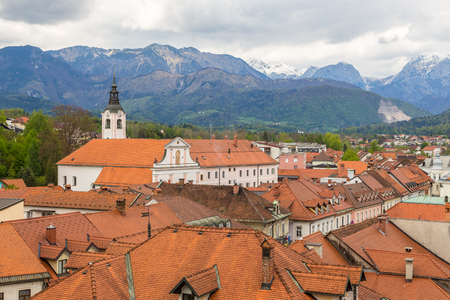 Kamnik city scape, Slovenia.  Alps at background, spring scenery.の写真素材