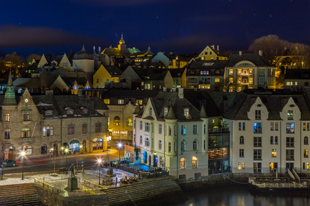 Panoramic view of the town of Ãlesund by night from Aksla hill. It is a sea port, and is noted for its concentration of Art Nouveau architecture.の写真素材