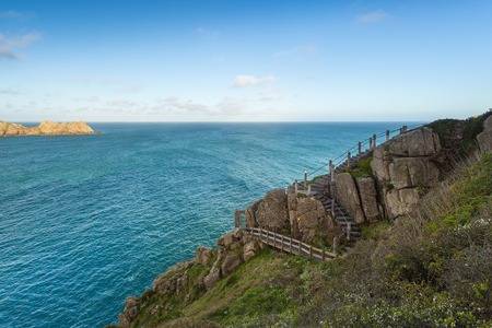 Minack Theater in Cornwall built into cliff face by Rowena Cade, an historic open air theater which attracts tourists.の写真素材