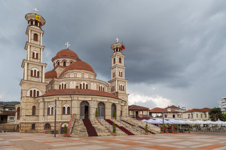 Korce, Albania- 27 June 2014: Resurrection of Christ Orthodox Cathedral of Korce, the main orthodox church. Korce, big town in southeastern Albania surrounded by the Morava Mountains.のeditorial素材