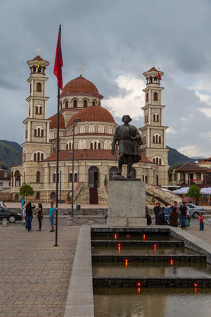 Korce, Albania- 27 June 2014: Resurrection of Christ Orthodox Cathedral of Korce, the main orthodox church. Korce, big town in southeastern Albania surrounded by the Morava Mountains.のeditorial素材