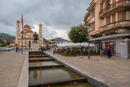 Korce, Albania- 27 June 2014: Resurrection of Christ Orthodox Cathedral of Korce, the main orthodox church. Korce, big town in southeastern Albania surrounded by the Morava Mountains.のeditorial素材