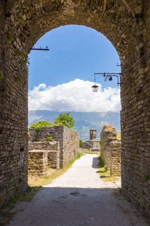 Gjirokaster Albania- 28 June 2014: Clock tower in Gjirokaster castle, a UNESCO World Heritage site in south of Albania.のeditorial素材