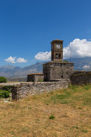 Gjirokaster Albania- 28 June 2014: Clock tower in Gjirokaster castle, a UNESCO World Heritage site in south of Albania.のeditorial素材