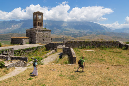 Gjirokaster Albania- 28 June 2014: Clock tower in Gjirokaster castle, a UNESCO World Heritage site in south of Albania.のeditorial素材