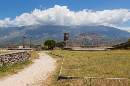 Gjirokaster Albania- 28 June 2014: Clock tower in Gjirokaster castle, a UNESCO World Heritage site in south of Albania.のeditorial素材