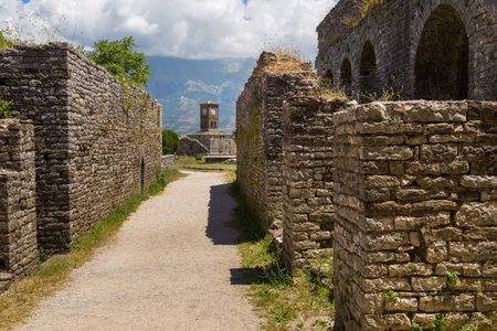 Gjirokaster Albania- 28 June 2014: Clock tower in Gjirokaster castle, a UNESCO World Heritage site in south of Albania.のeditorial素材