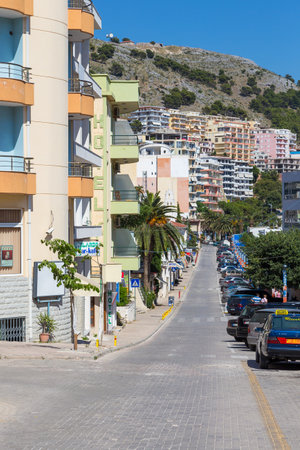 Saranda, Albania- 28 June 2014: View of main street of new, modern town Saranda. Is coastline town, situated on an open sea gulf of the Ionian Sea.のeditorial素材