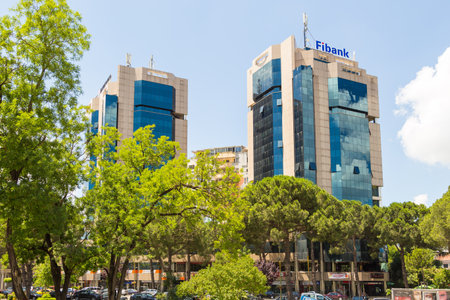 Tirana, Albania - 30 June 2014: Skyscraper in the center of Tirana. Tirana is the capital and most populous city of Albania.のeditorial素材