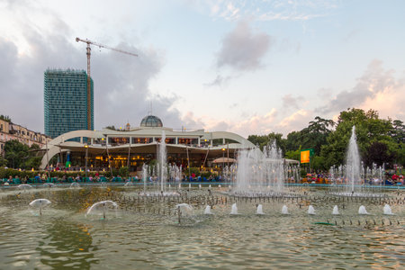 Tirana, Albania - 30 June 2014: View of the fountains in Youth park in Tirana city center. Tirana is the capital and most populous city of Albania.のeditorial素材