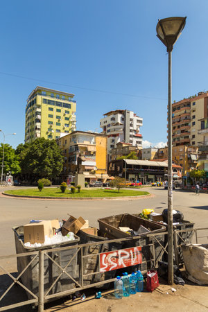 Tirana, Albania- 01 July 2014: Street of new Tirana town in beautiful sunny day. Tirana is the capital and most populous city of Albania.のeditorial素材