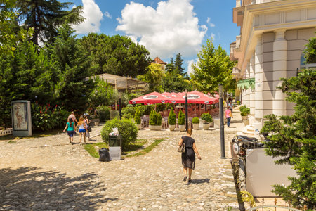 Tirana, Albania- 01 July 2014: Street of new Tirana town in beautiful sunny day. Tirana is the capital and most populous city of Albania.のeditorial素材
