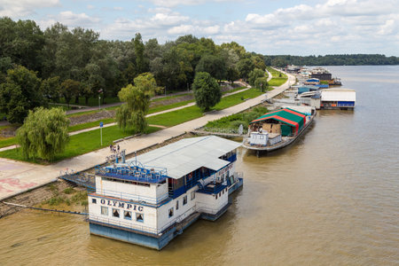 Belgrade, Serbia- 16 August 2014: Barges on the Sava river. Belgrade cityscape from the Sava river.