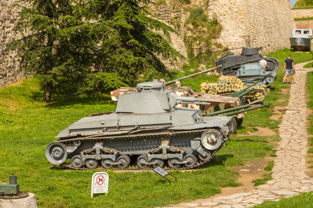 Belgrade, Serbia- 16 August 2014: Tanks and cannon guns in Belgrade Fortress, Kalemegdan Park. Military Museum exhibition.のeditorial素材