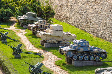 Belgrade, Serbia- 16 August 2014: Tanks and cannon guns in Belgrade Fortress, Kalemegdan Park....