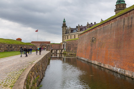 Helsingor, Denmark- 30 August 2014: View of Kronborg palace, defensive walls and fosse. Kronborg Palace, most important Renaissance palace in Northern Europe.のeditorial素材