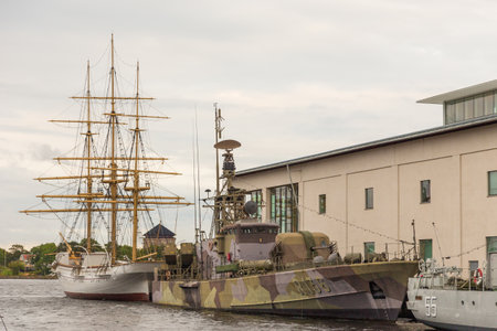Karlskrona, Sweden - 31 August, 2014: Warships and sailing ship, external Marinmuseum exhibits...